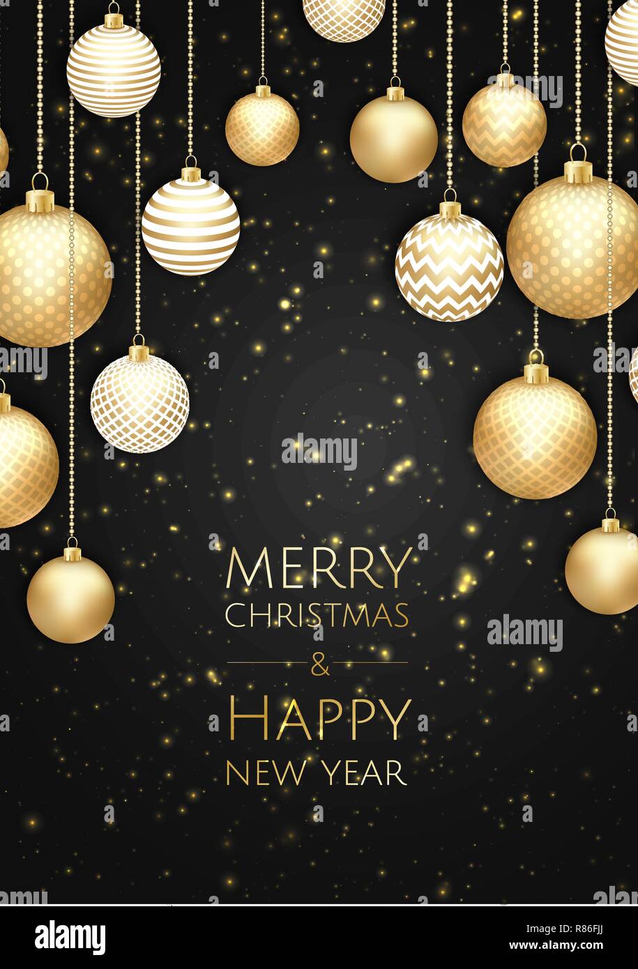 Buon Natale e Felice Anno Nuovo. Xmas sfondo con scatola regalo, fiocchi di neve e le sfere di design. Illustrazione Vettoriale