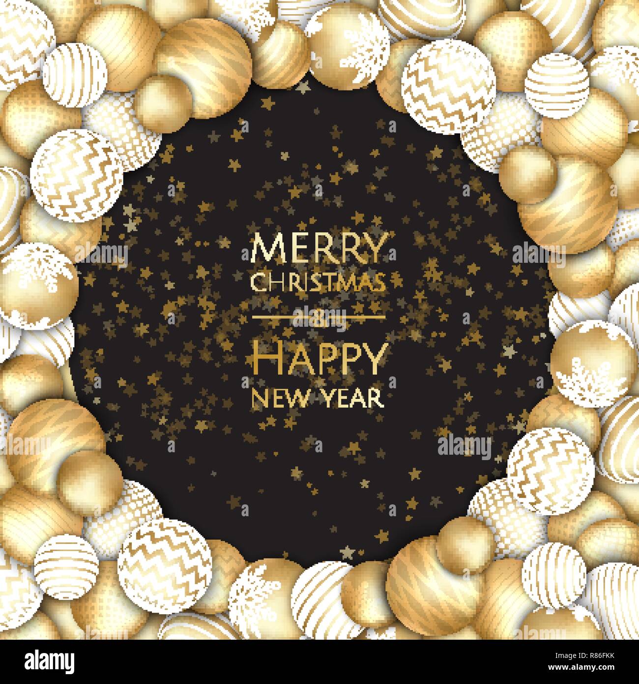 Buon Natale e Felice Anno Nuovo. Xmas sfondo con scatola regalo, fiocchi di neve e le sfere di design. Illustrazione Vettoriale