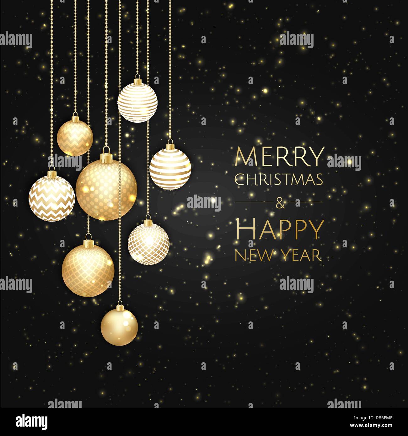 Buon Natale e Felice Anno Nuovo. Xmas sfondo con scatola regalo, fiocchi di neve e le sfere di design. Illustrazione Vettoriale