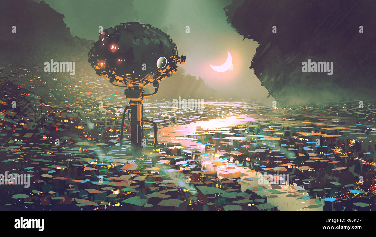 Scenario della torre futuristica in città dystopian, arte digitale stile, illustrazione pittura Foto Stock