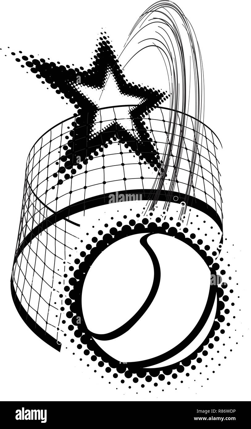 Palla da tennis con star illustrazione vettoriale isolato su bianco . Un potente colpo attraverso la rete Illustrazione Vettoriale