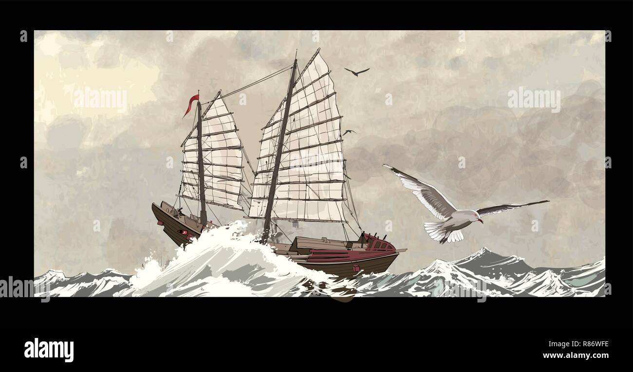 Old junk su un mare agitato - illustrazione vettoriale Illustrazione Vettoriale