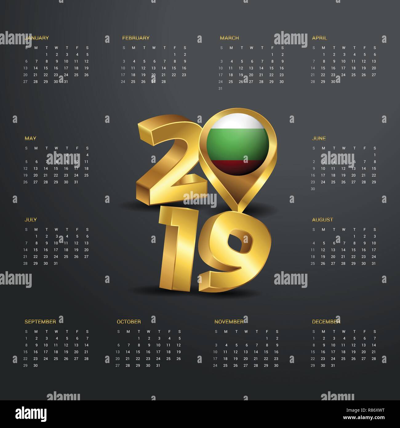 2019 Calendario modello. Golden tipografia con la Bulgaria il paese Mappa Golden Tipografia testata Illustrazione Vettoriale