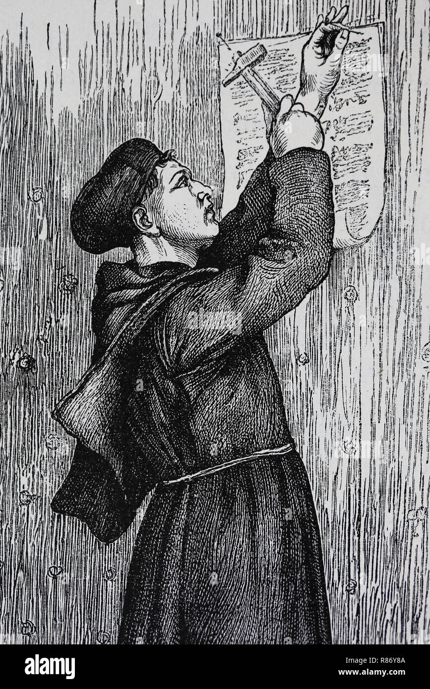 Martin Lutero (1483-1546) naited alla porta del castello di Wittenberg in chiesa la sua Ninety-Five questi, 1517. Germania, 1882. Foto Stock