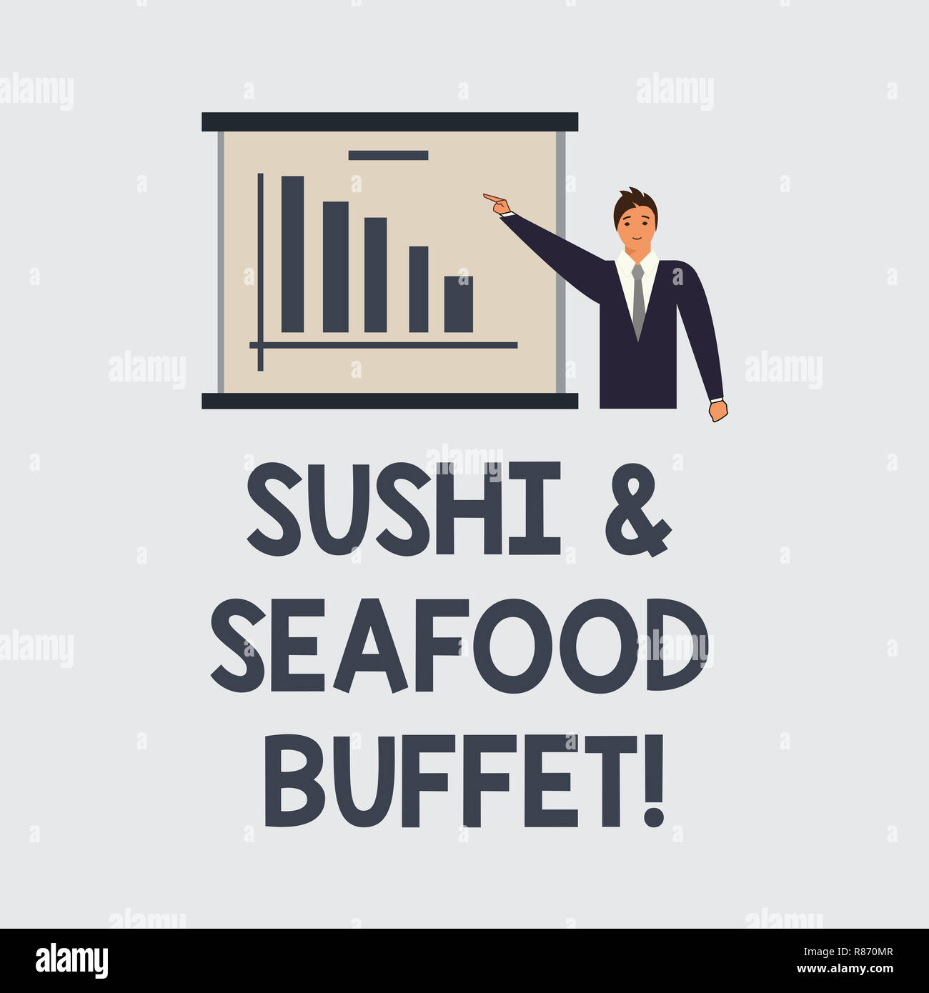 Segno di testo che mostra il sushi e buffet a base di pesce. Foto concettuale il cibo giapponese piatti di pesce disponibile per scegliere l uomo nel Business Suit In piedi rivolti a B Foto Stock
