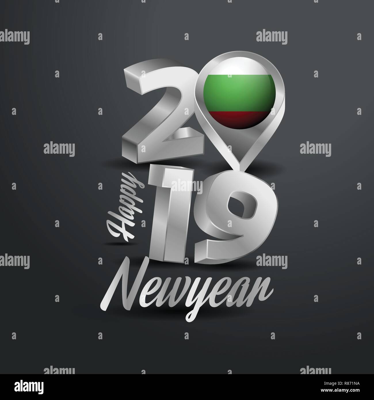 Felice Anno Nuovo 2019 grigio tipografia con la Bulgaria bandiera Posizione pin. Bandiera del paese Design Illustrazione Vettoriale