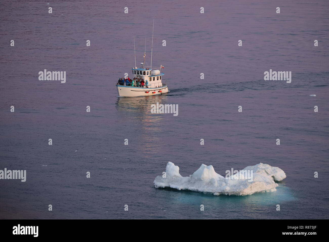 Ilulissat Tourist Nature Eisberge am Abend: Bei der Rückkehr müssen die kleinen Ausflugsboote Eisbergen ausweichen. Foto Stock