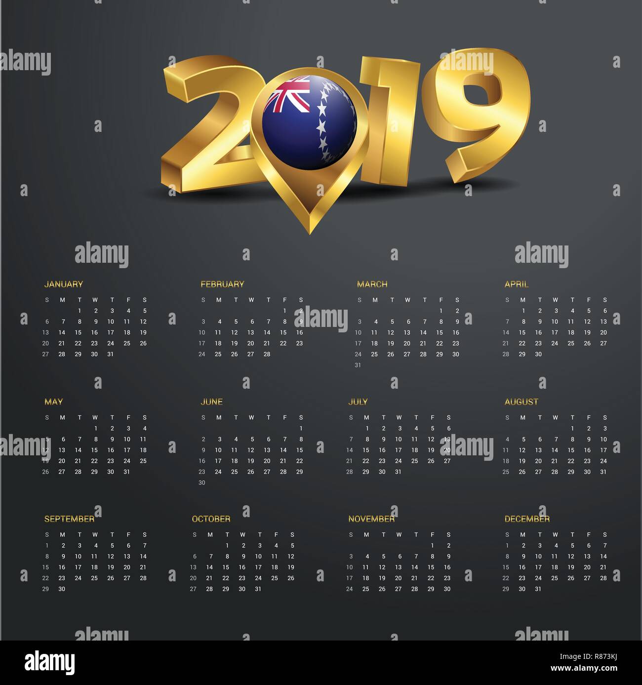 2019 Calendario modello. Isole di Cook Paese Mappa Golden Tipografia testata Illustrazione Vettoriale