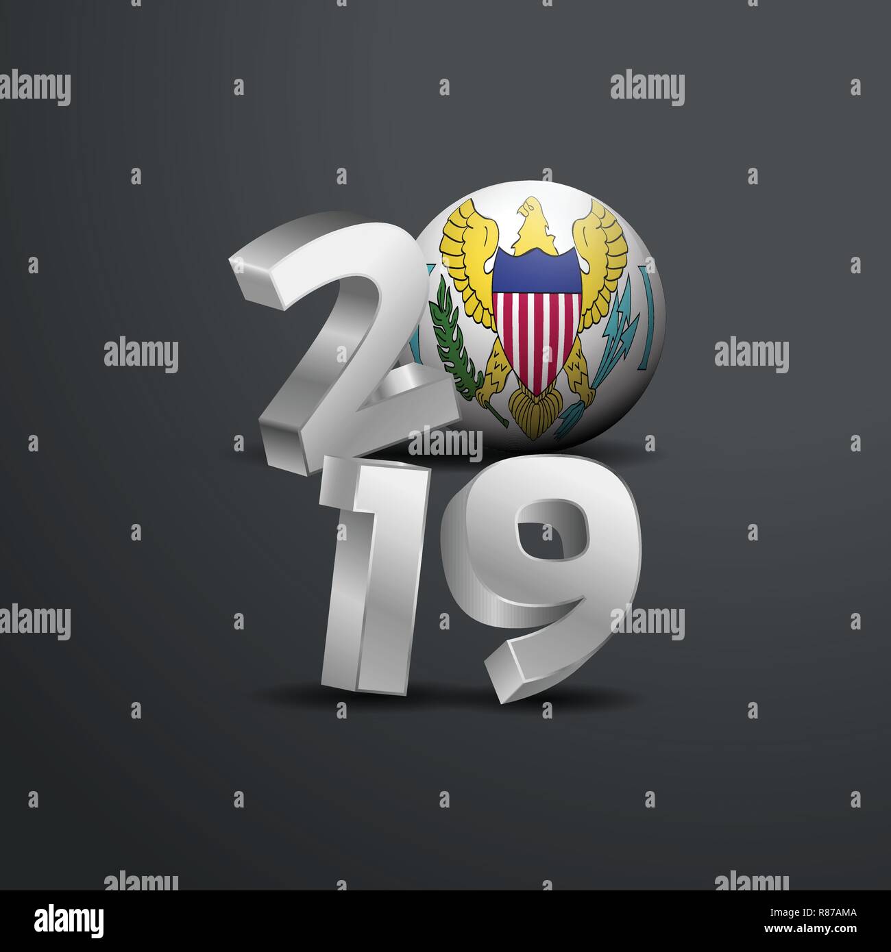 Grigio 2019 Tipografia con Isole Vergini USA bandiera. Felice anno nuovo lettering Illustrazione Vettoriale