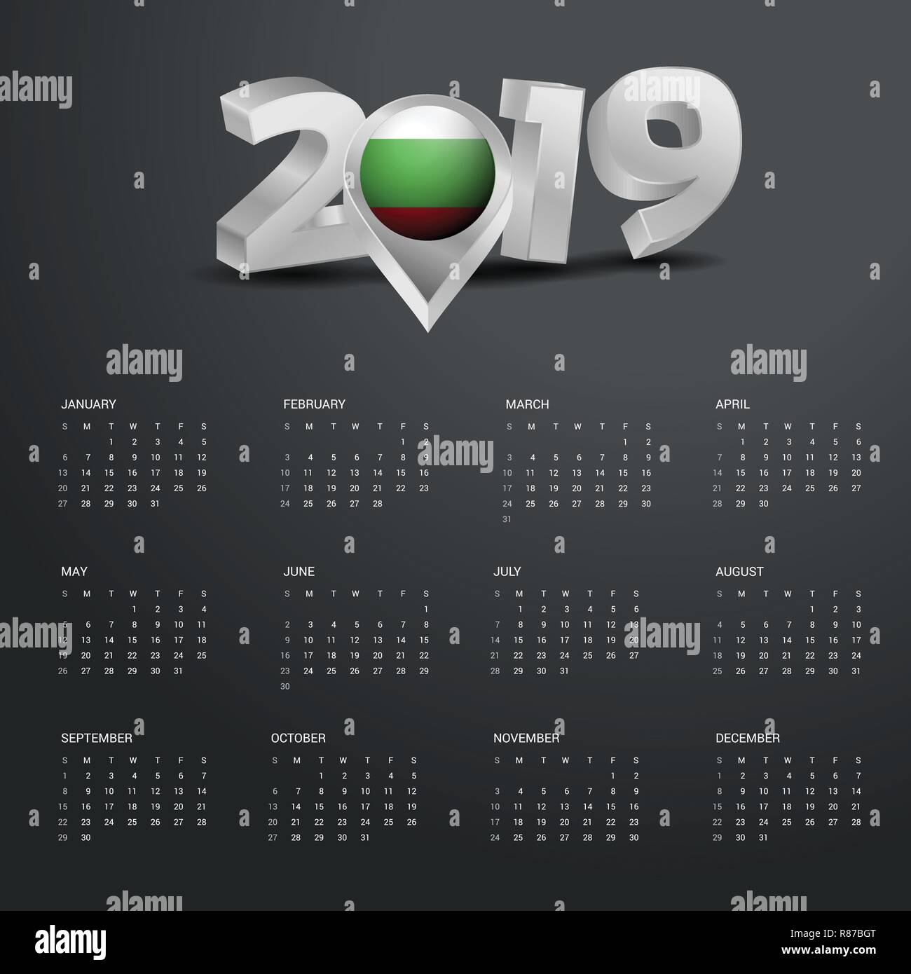 2019 Calendario modello. Tipografia grigio con la Bulgaria il paese Mappa Golden Tipografia testata Illustrazione Vettoriale