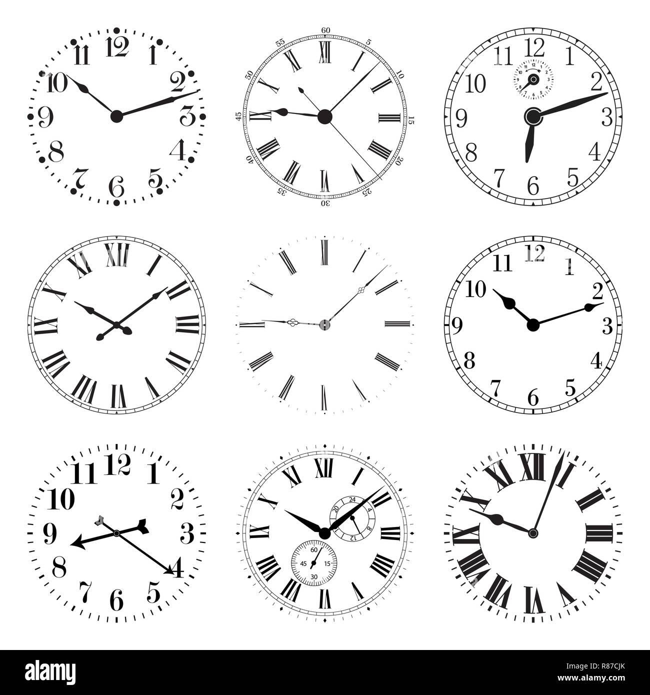 Set di orologi. Illustrazione di vettore isolato su sfondo bianco. Illustrazione Vettoriale