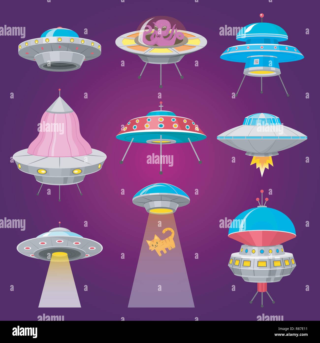 Astronavi aliene, set di UFO Oggetto Volante non Identificato, fantastica  di razzi, Cosmic navicelle spaziali in universo spazio. illustrazione  vettoriale su sfondo bianco. Elementi della GUI. Gioco di Piana, stile  cartoon Immagine