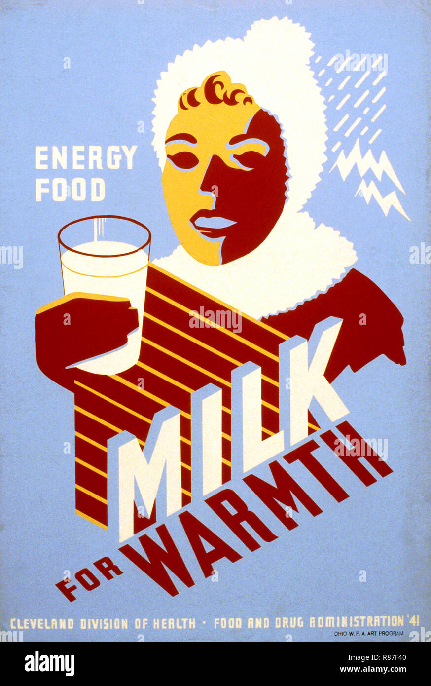 Opere di progetto Administration poster di promozione del latte, donna che indossa abiti invernali, tenendo un bicchiere di latte, Cleveland divisione della salute, Food and Drug Administration, progetto federale di arte, 1941 Foto Stock