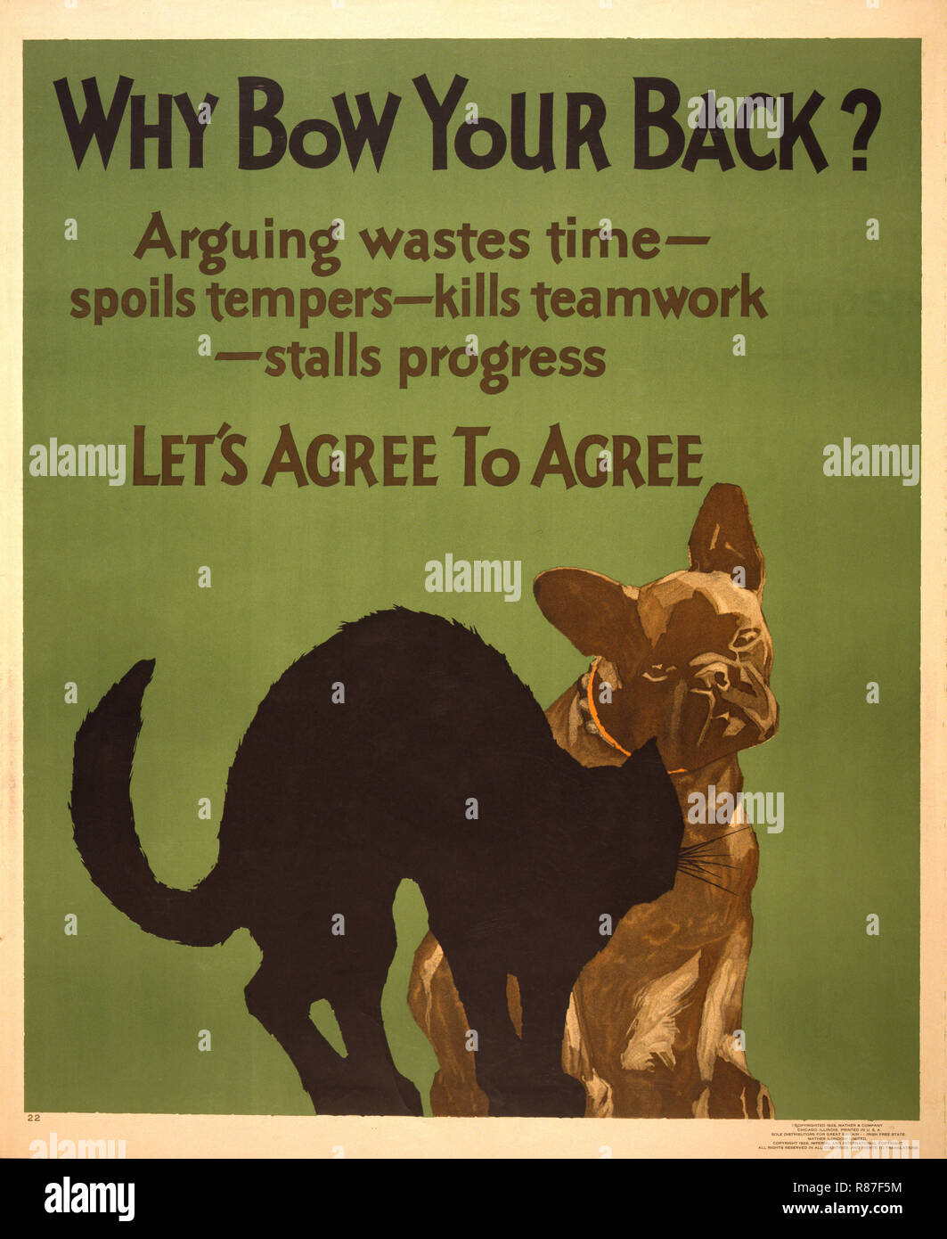 Cane guardando un inarcamento Gatto nero, 'Perché Bow la schiena? Sostenendo di spreco di tempo, bottino temperamenti, uccide il lavoro di squadra, bancarelle di progresso, cerchiamo di dissenso in', Poster, Willard Frederic Elmes, Mather & Company, 1929 Foto Stock