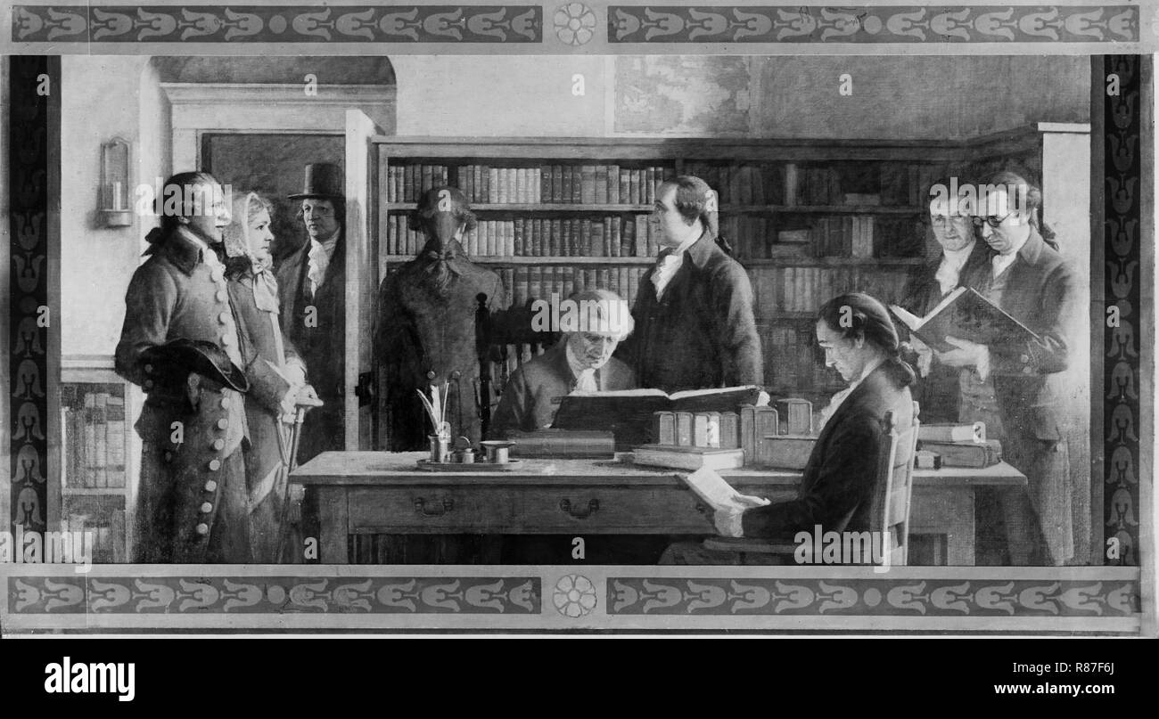 Benjamin Franklin apertura prima Sottoscrizione libreria, Philadelphia, Pennsylvania, Pittura Charles E. Mills Foto Stock