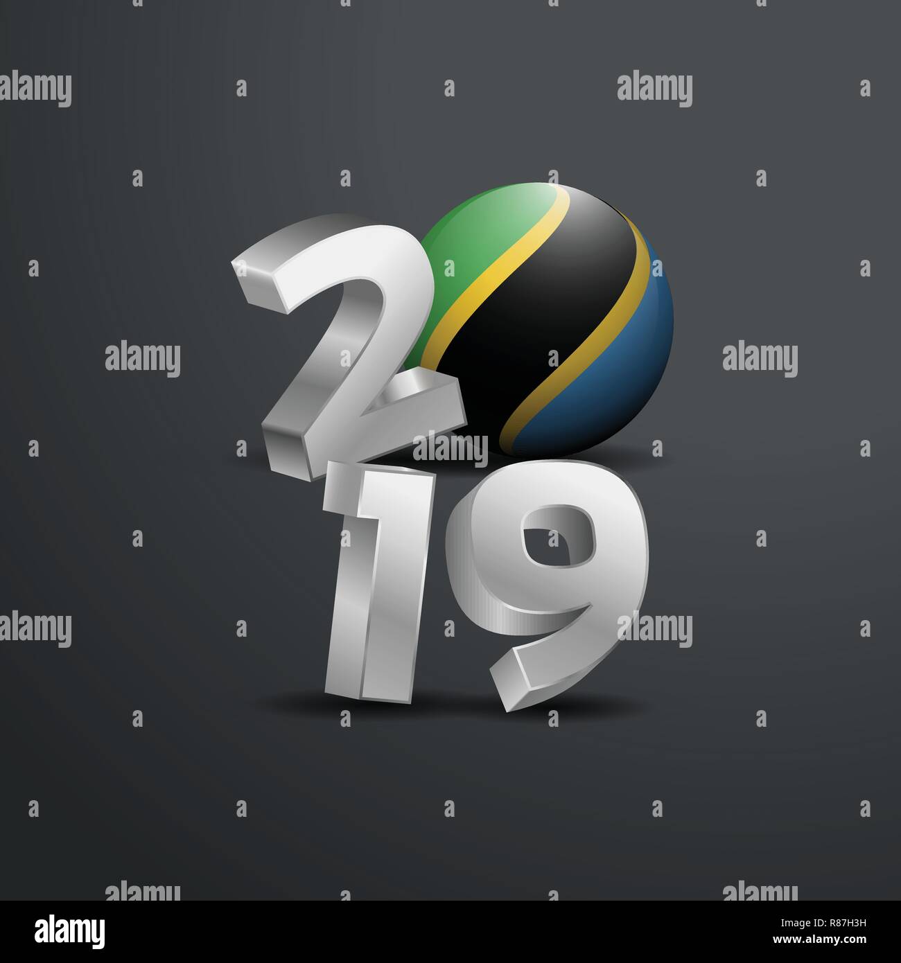 Grigio 2019 Tipografia con la Tanzania bandiera. Felice anno nuovo lettering Illustrazione Vettoriale