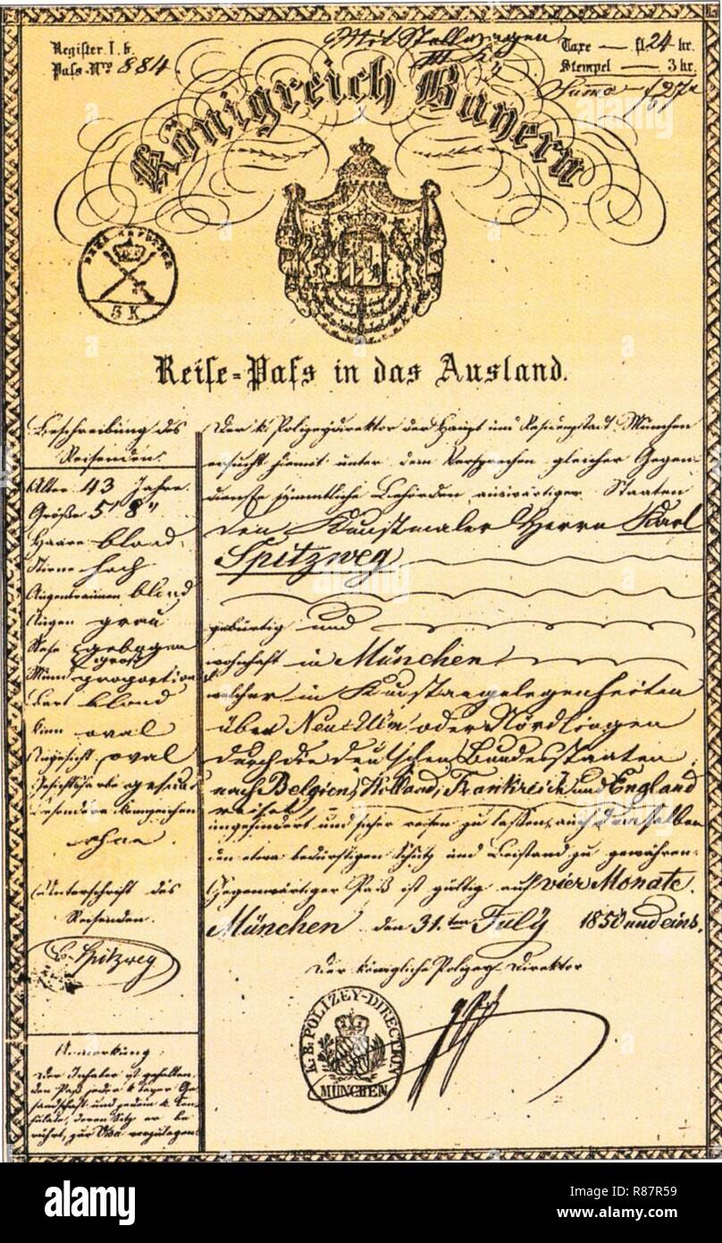 Carl Spitzweg Reisepass Königreich Bayern 1851. Foto Stock