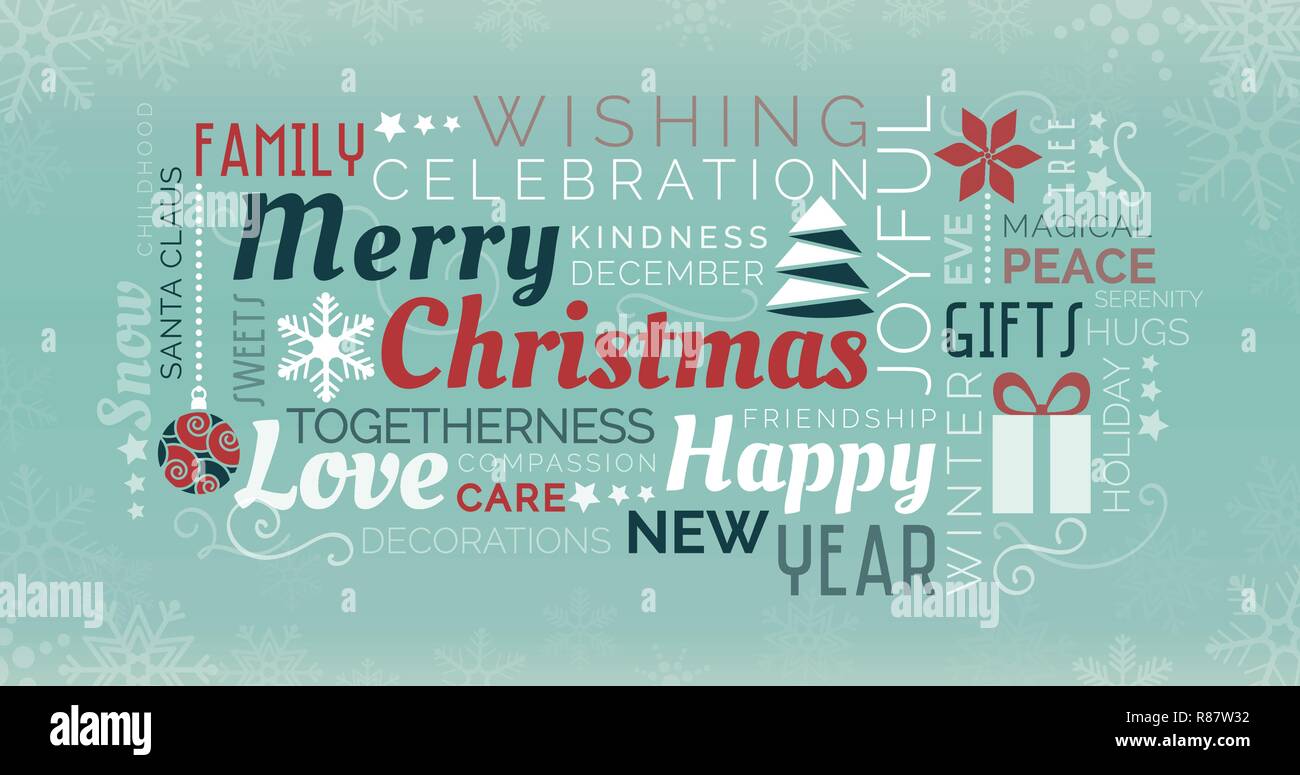 Buon Natale e felice anno nuovo tag cloud con le parole e le icone Illustrazione Vettoriale