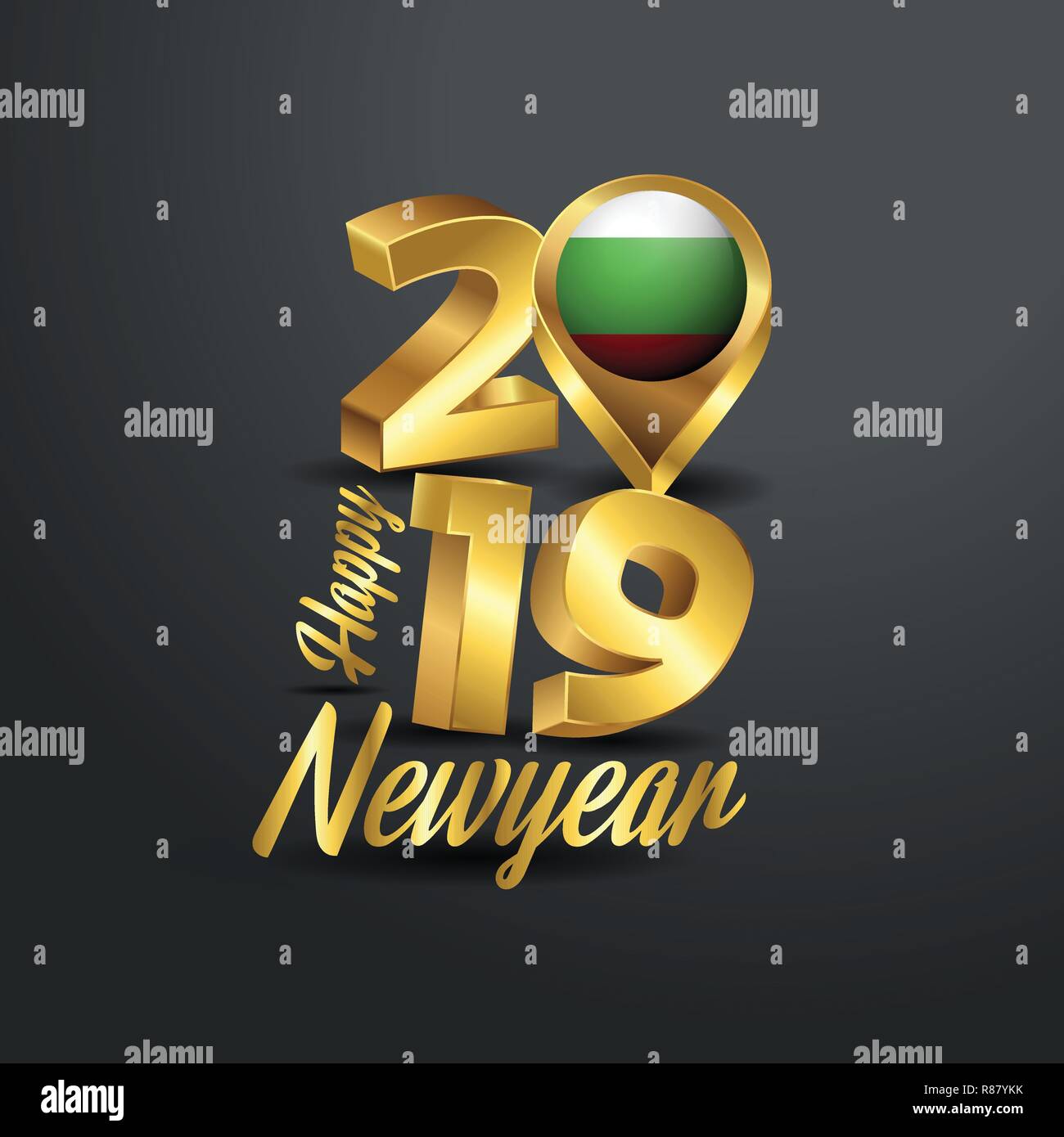 Felice Anno Nuovo 2019 Golden tipografia con la Bulgaria bandiera Posizione pin. Bandiera del paese Design Illustrazione Vettoriale