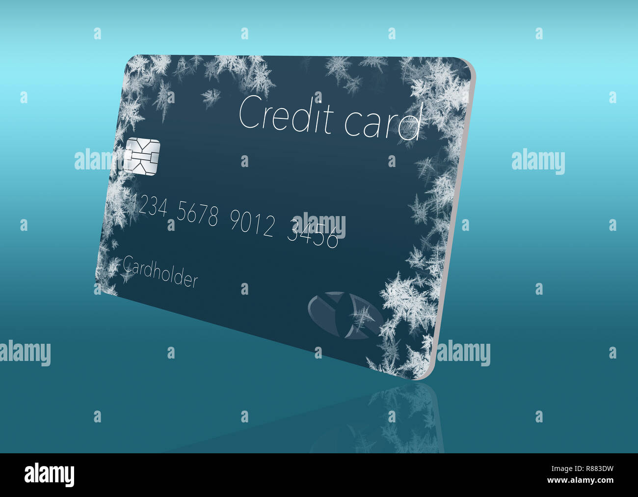 Coperto di brina carte di credito illustrano mettendo un congelamento del credito su un rapporto di credito. Si tratta di un'illustrazione. Foto Stock