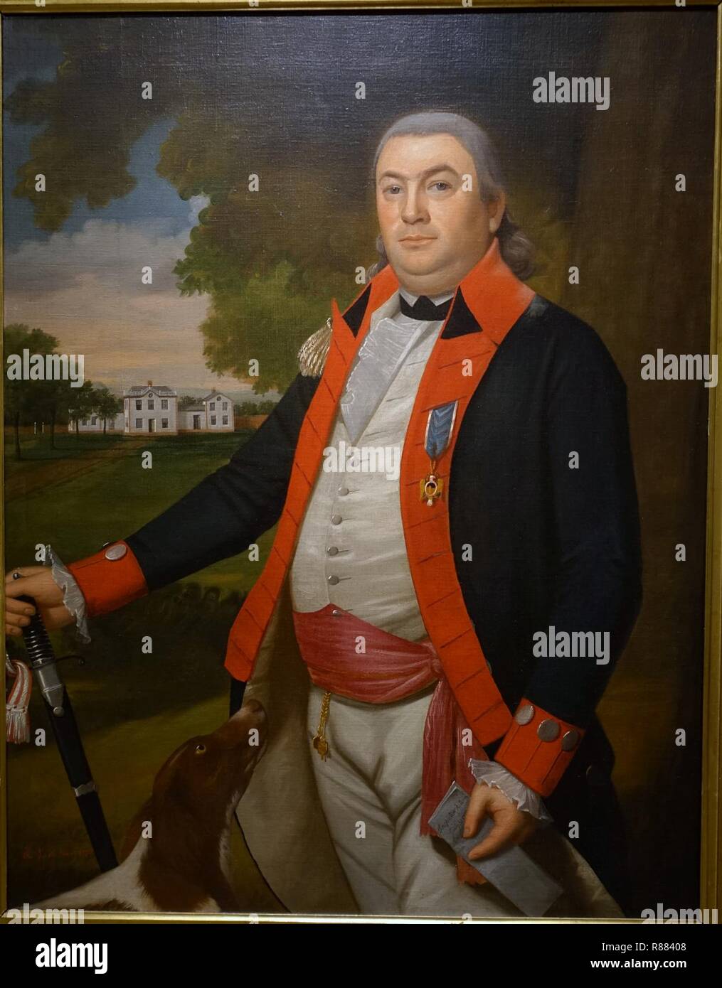 Il capitano John Pratt di Ralph Earl, con Middletown, Connecticut town hall in background, 1792, olio su tela Foto Stock