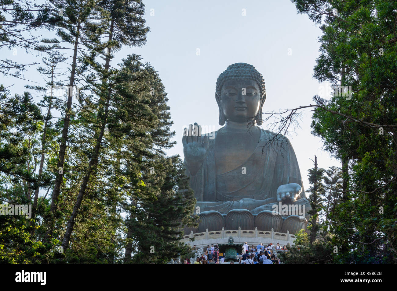 La foto in orizzontale del seduto, bronzo, Tian Tan Buddha al Monastero Po Lin sull'Isola di Lantau, Honk Kong, Cina. Alberi circondano il buddha. Foto Stock La foto in orizzontale del seduto, bronzo, Tian Tan Buddha al Monastero Po Lin sull'Isola di Lantau, Honk Kong, Cina. Alberi circondano il buddha. Foto Stock
