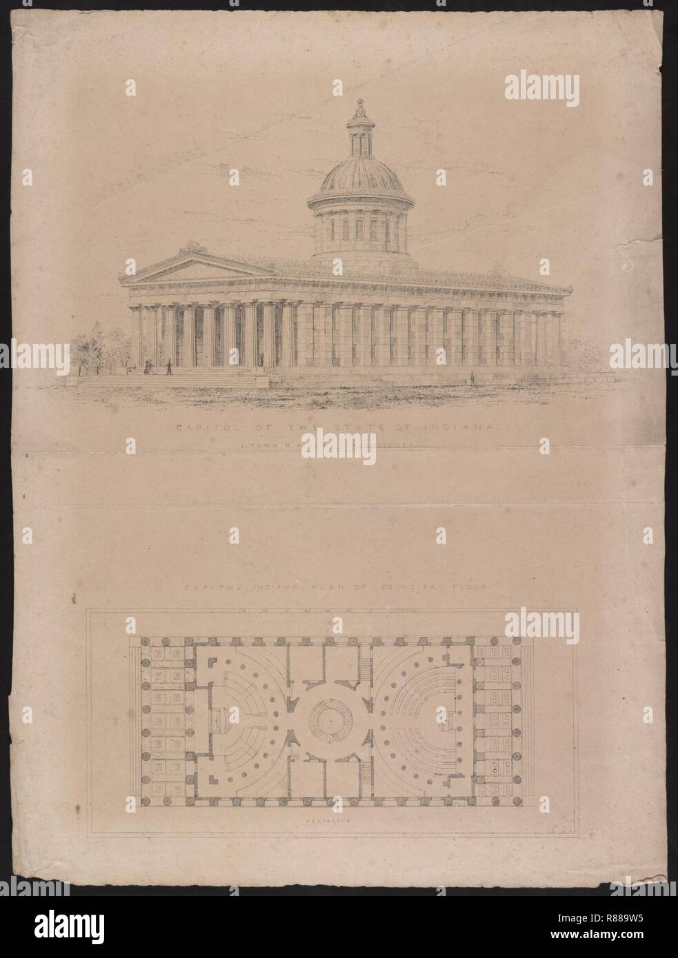 Campidoglio dello stato dell'Indiana. I. Town & A.J. Davis architetti Capitol, Indiana. Piano di pavimento principale. Peribolus. Foto Stock