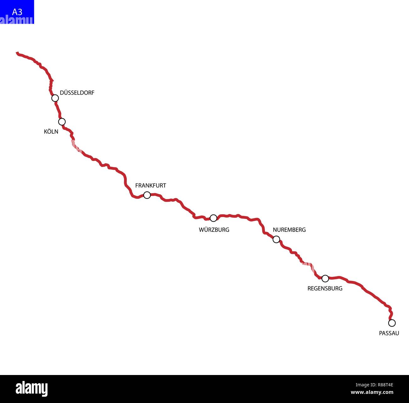 Percorso tedesco A3. Bundesautobahn 3. La mappa stradale di Germania Illustrazione Vettoriale