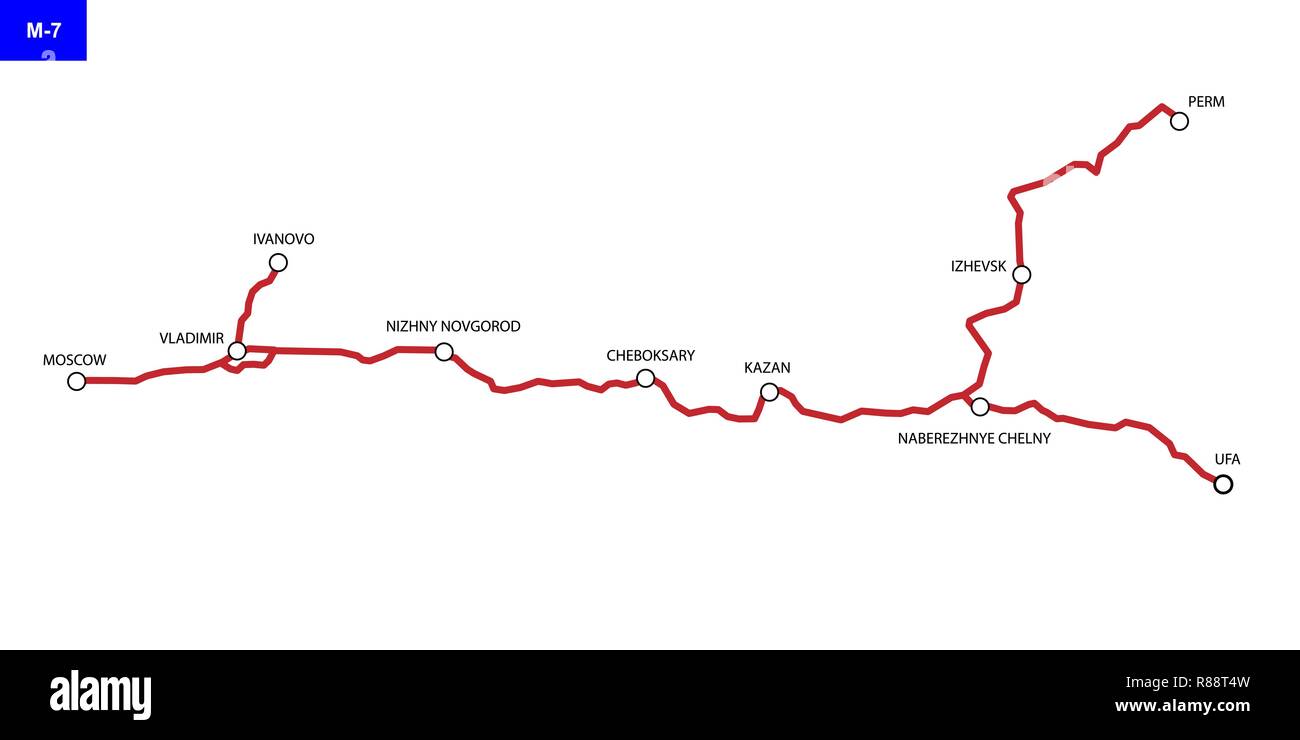 Percorso russo M-7 Volga. Autostrada Mosca - Ufa. La mappa stradale di Russia Illustrazione Vettoriale