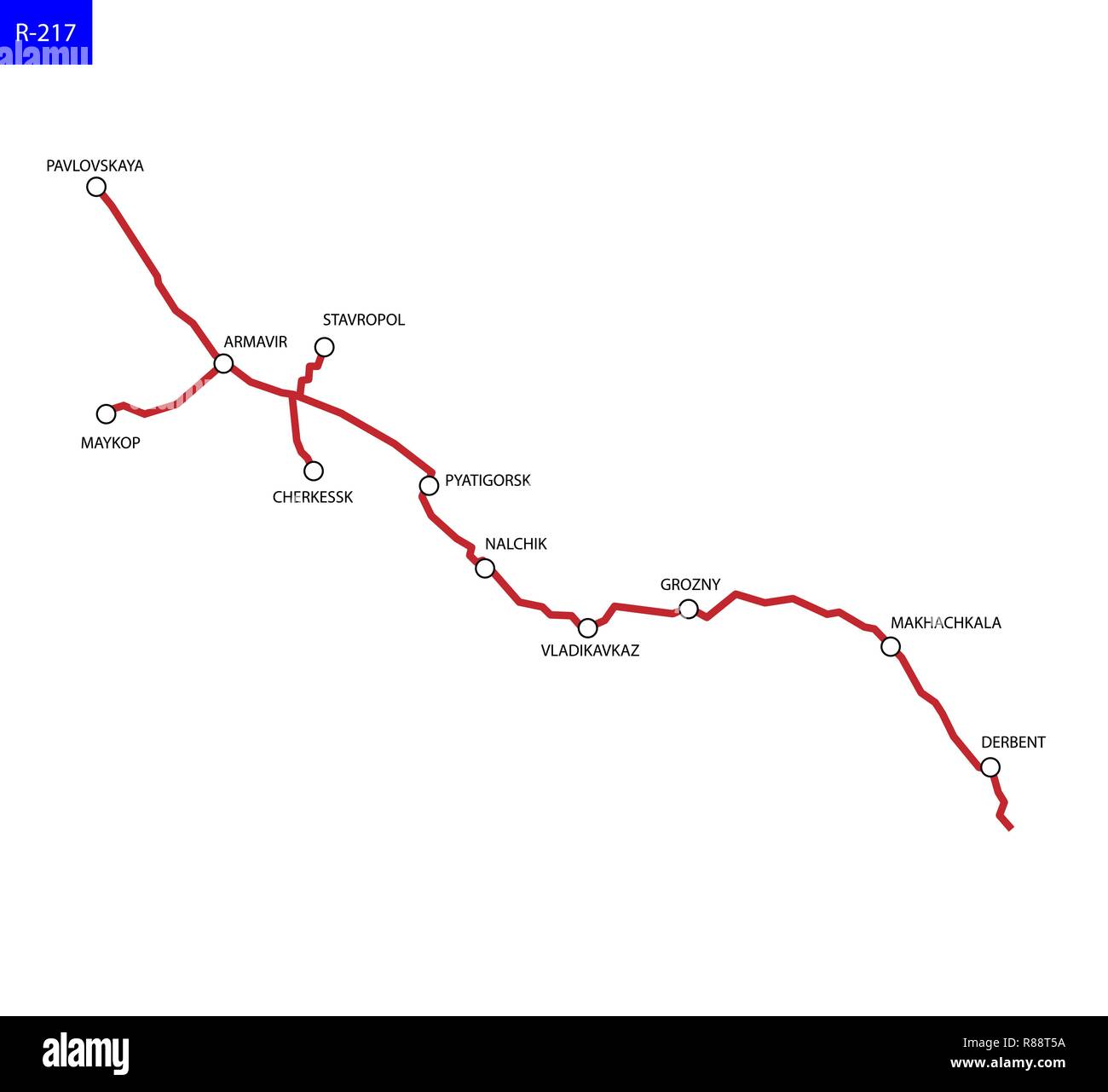 Percorso russo R-217 Caucaso. Autostrada Krasnodar - Azerbaigian. La mappa stradale di Russia Illustrazione Vettoriale