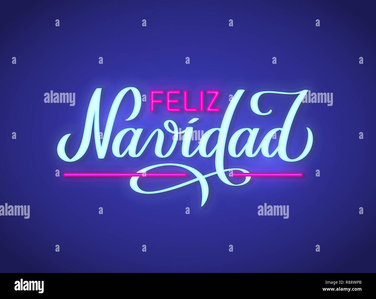 Feliz Navidad - Buon Natale da spagnolo, neon segno di testo. Sfondo del vettore. Il Neon incandescente cartello luminoso, banner luminosi con scritte a mano in stile scritta. Per foto overlay, decorazione. Illustrazione Vettoriale