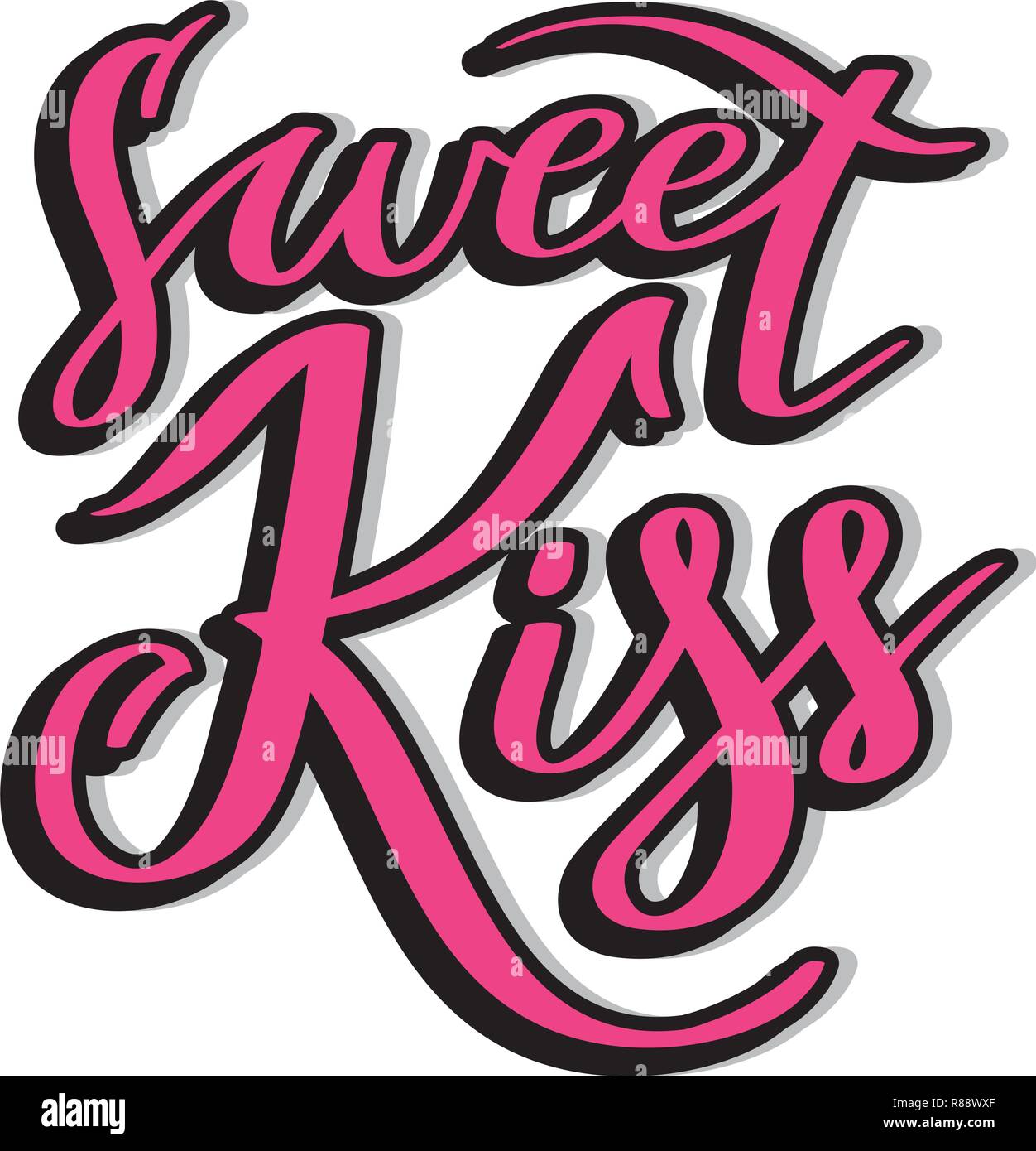 Sweet kiss - hand-testo scritto, tipografia, calligrafia, scritte, t-shirt graphic design, tee slogan stampa. Vettore di mano la scrittura per etichetta, emblema, adesivo, banner, biglietto di auguri, badge. Illustrazione Vettoriale