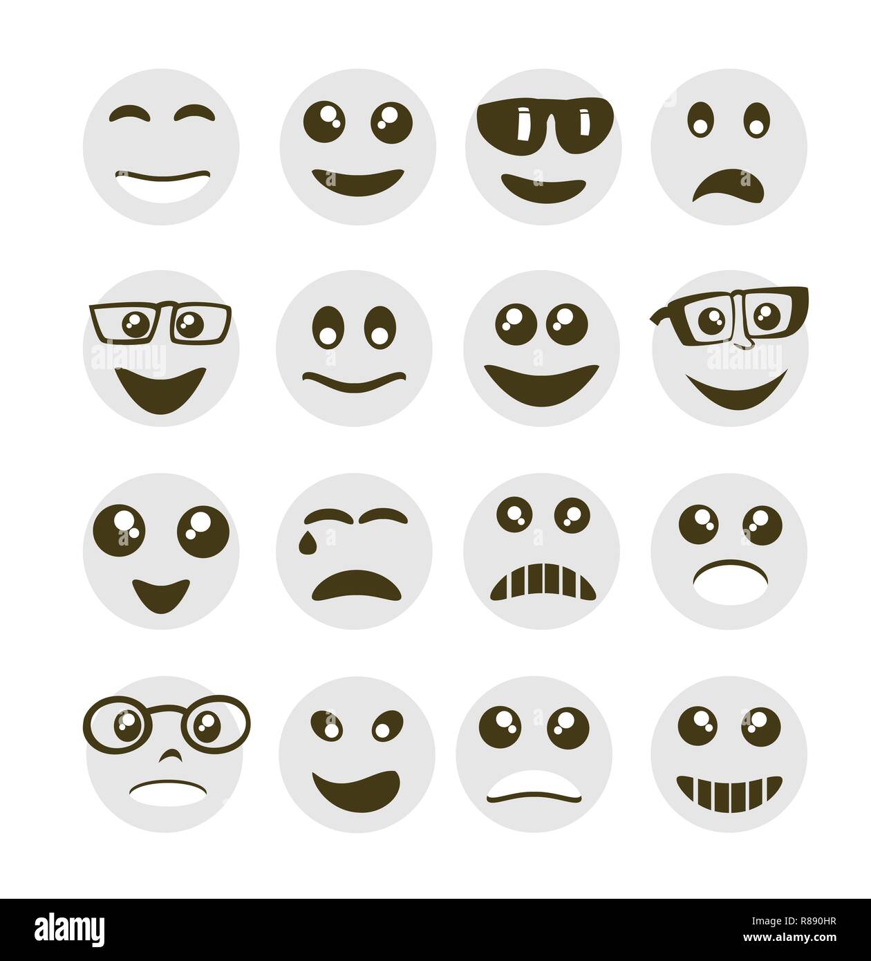 Gli Emoji emoticon icone di espressione in stile faccia cerchio simboli pittogramma di grafica di persone fun immagine sorriso Illustrazione Vettoriale
