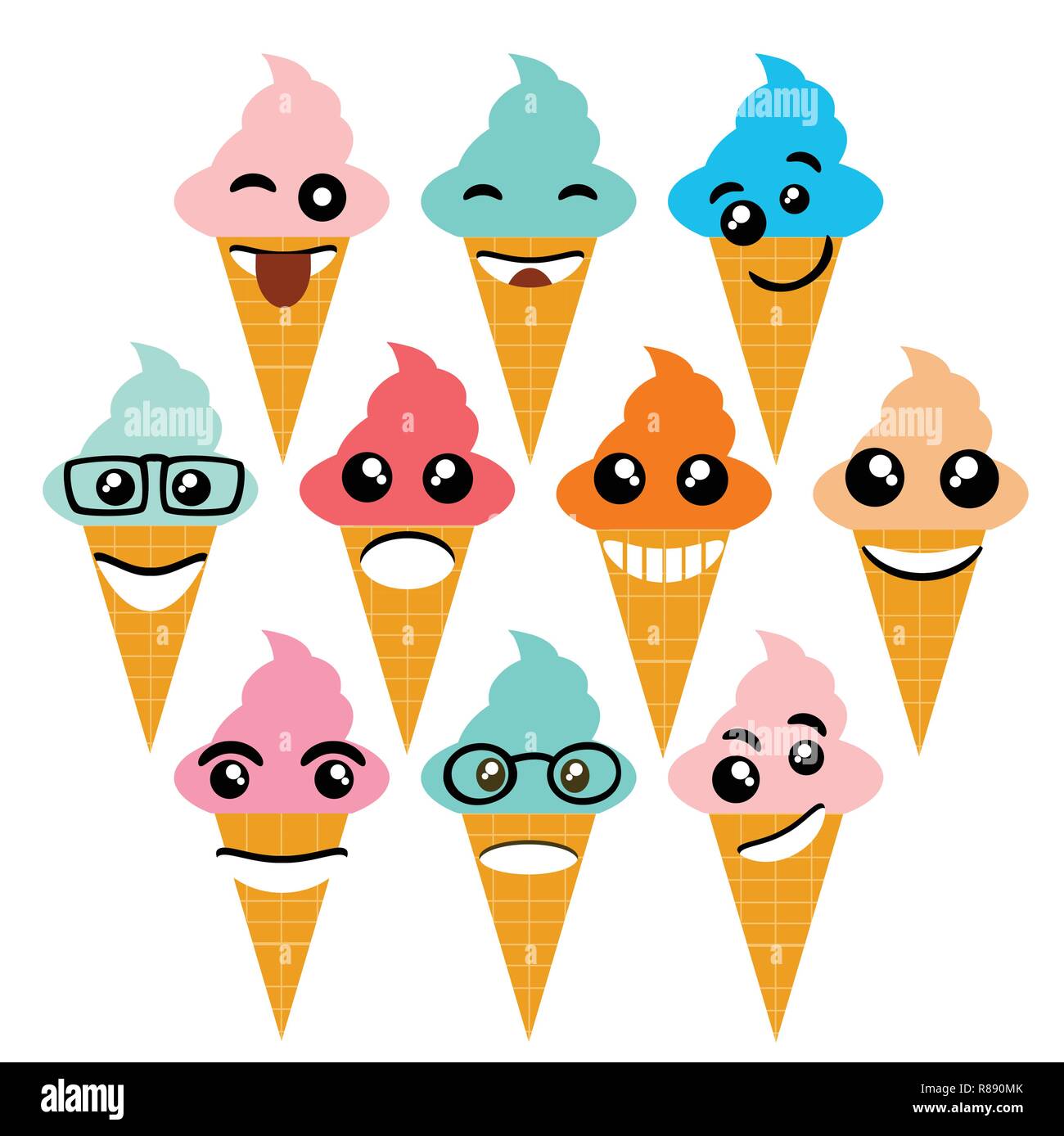 Gli Emoji emoticon icone di espressione nello stile cono gelato faccia grafica dei simboli Illustrazione Vettoriale