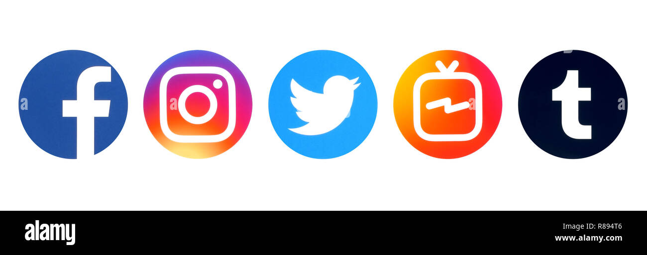 Kiev, Ucraina - 20 agosto 2018: Raccolta di cerchio popolare social media logo stampato su carta bianca: Facebook, Twitter Instagram, IGTV e Tumblr Foto Stock