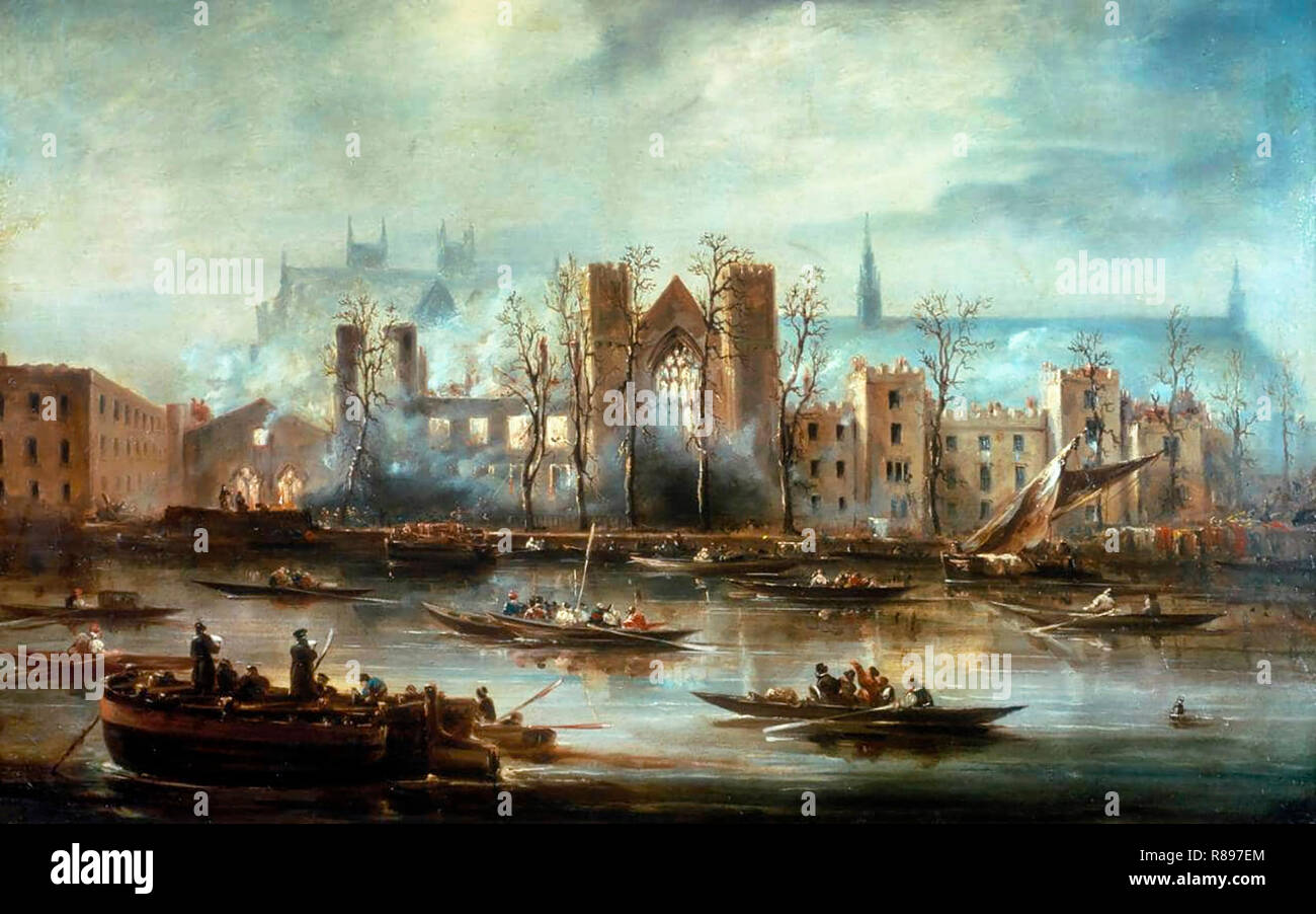 Il Palazzo di Westminster dal fiume dopo l'incendio del 1834 Foto Stock