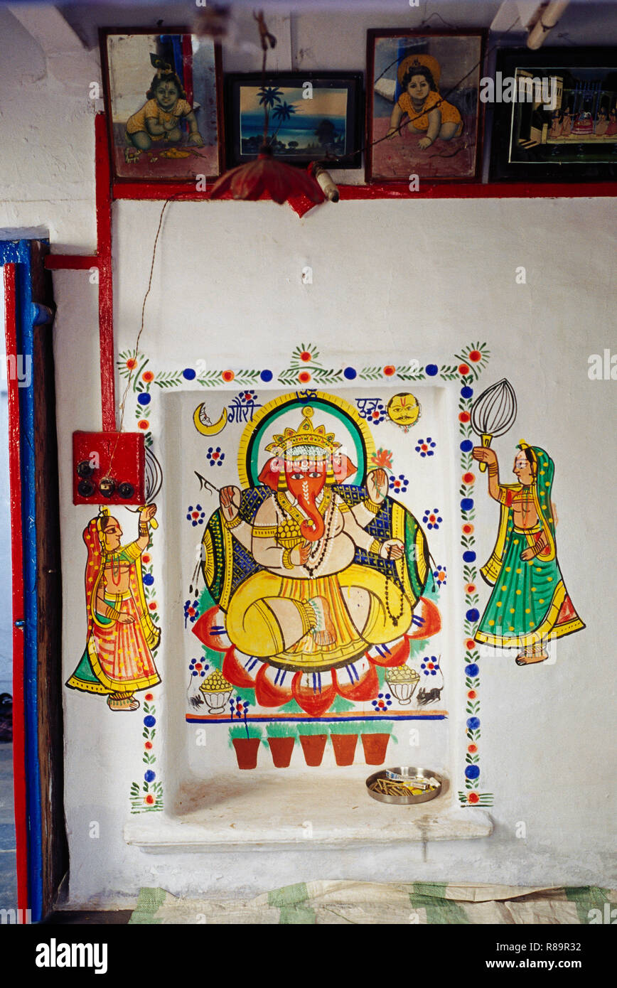 La pittura murale di Dio Ganesh ganpati, Udaipur, Rajasthan, India Foto Stock