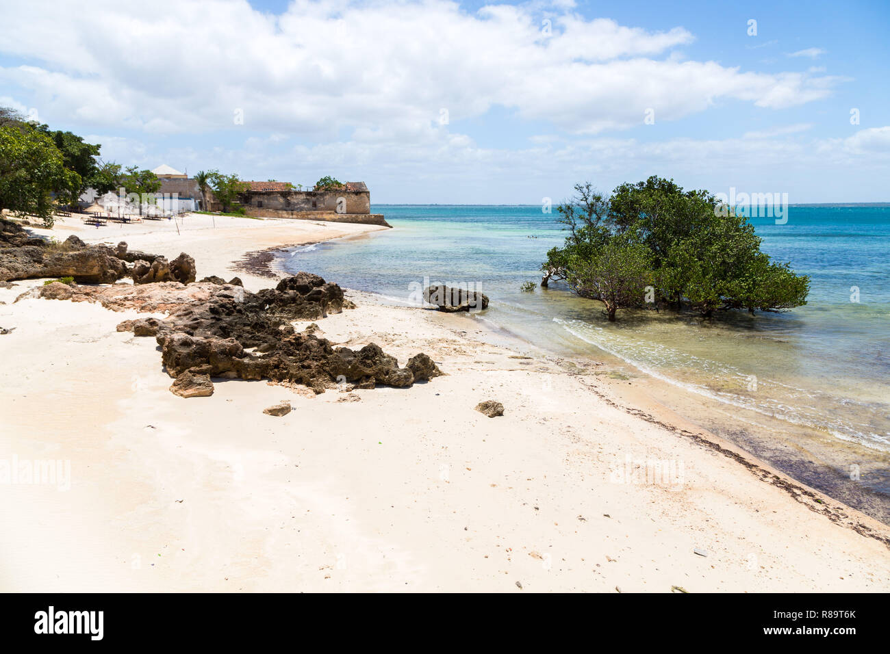 Vuoto alla spiaggia di sabbia di isola di Mozambico (Ilha de Mocambique), mangrovie e resti di una casa coloniale, Oceano Indiano. Nampula. Il portoghese in Africa orientale. Foto Stock