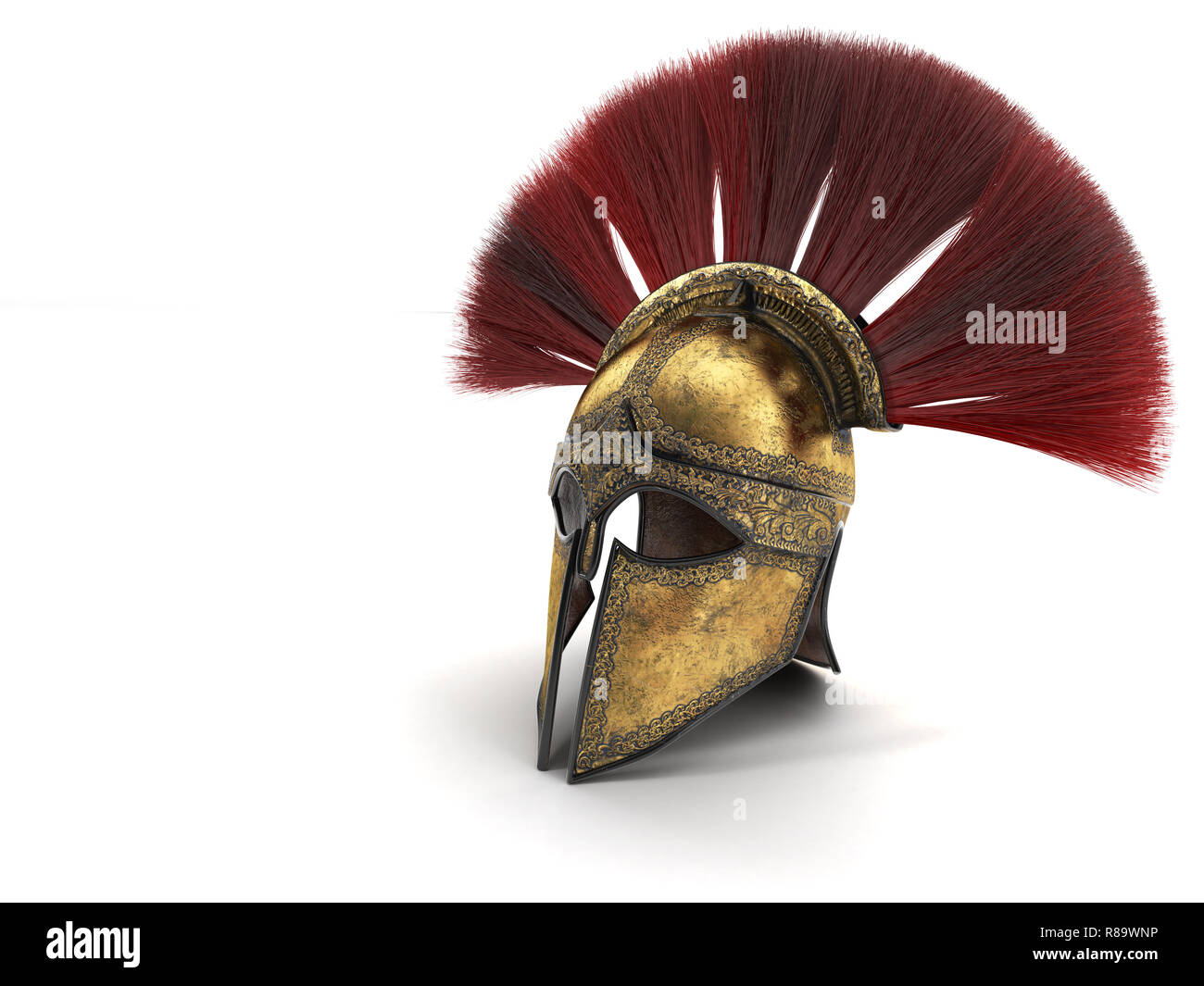 Spartan casco con piumaggio di colore rosso . 3d illustrazione Foto Stock