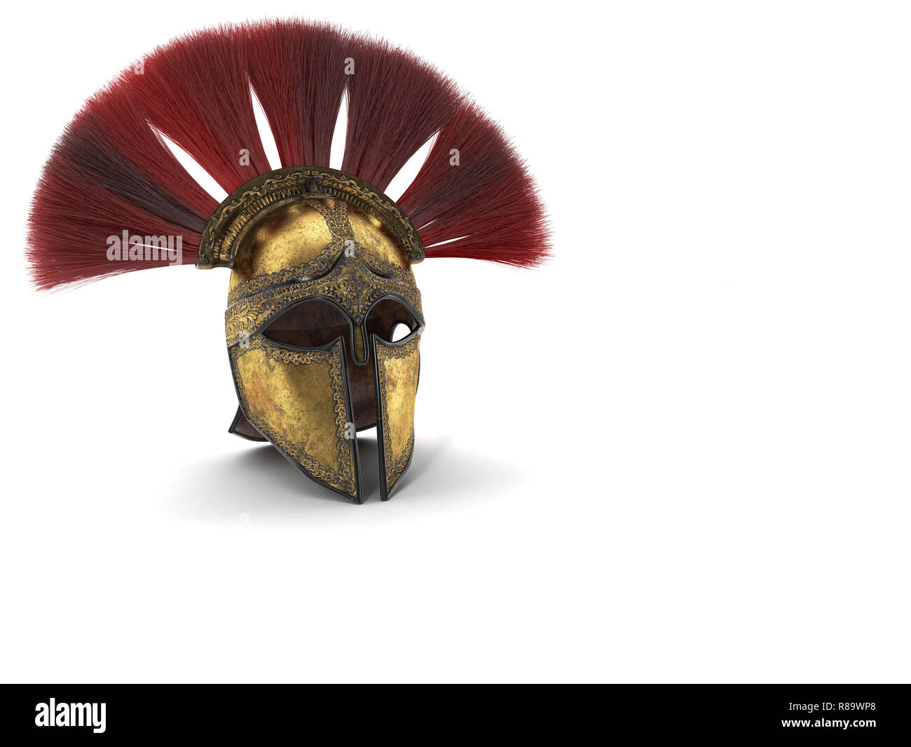Spartan casco con piumaggio di colore rosso . 3d illustrazione Foto Stock