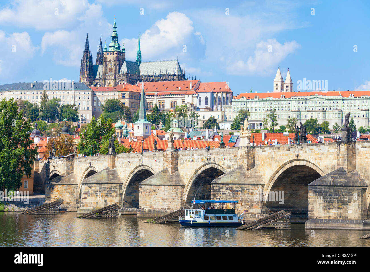 Lo skyline di Praga con il castello di Praga, la cattedrale di san vito Praga gli edifici del Parlamento europeo Charles Bridge sul fiume Moldava Praga Repubblica Ceca Europa Foto Stock