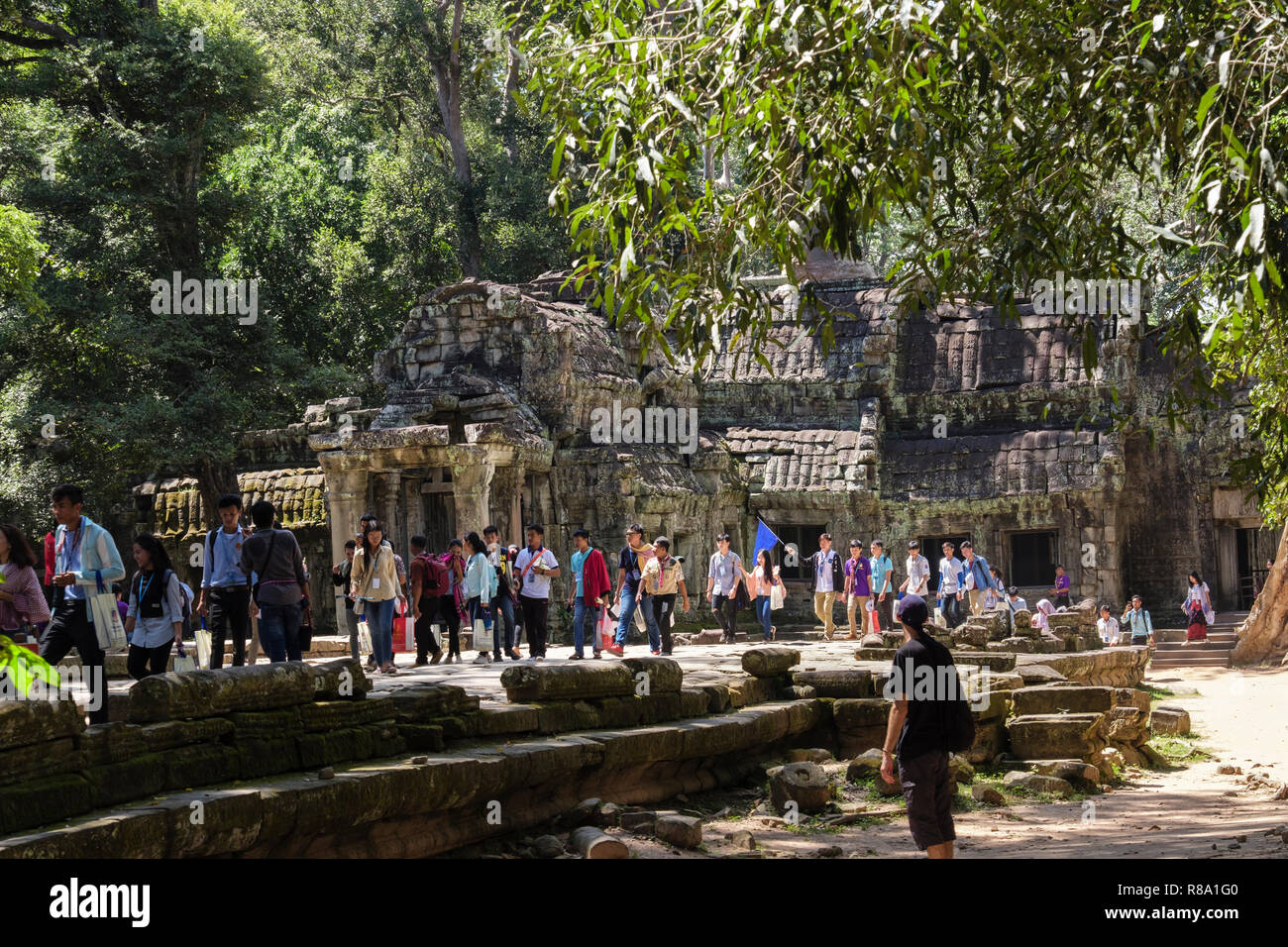 Un gran numero di turisti a Ta Prohm rovine del tempio in una giungla posizione. Siem Reap, Cambogia, sud-est asiatico Foto Stock