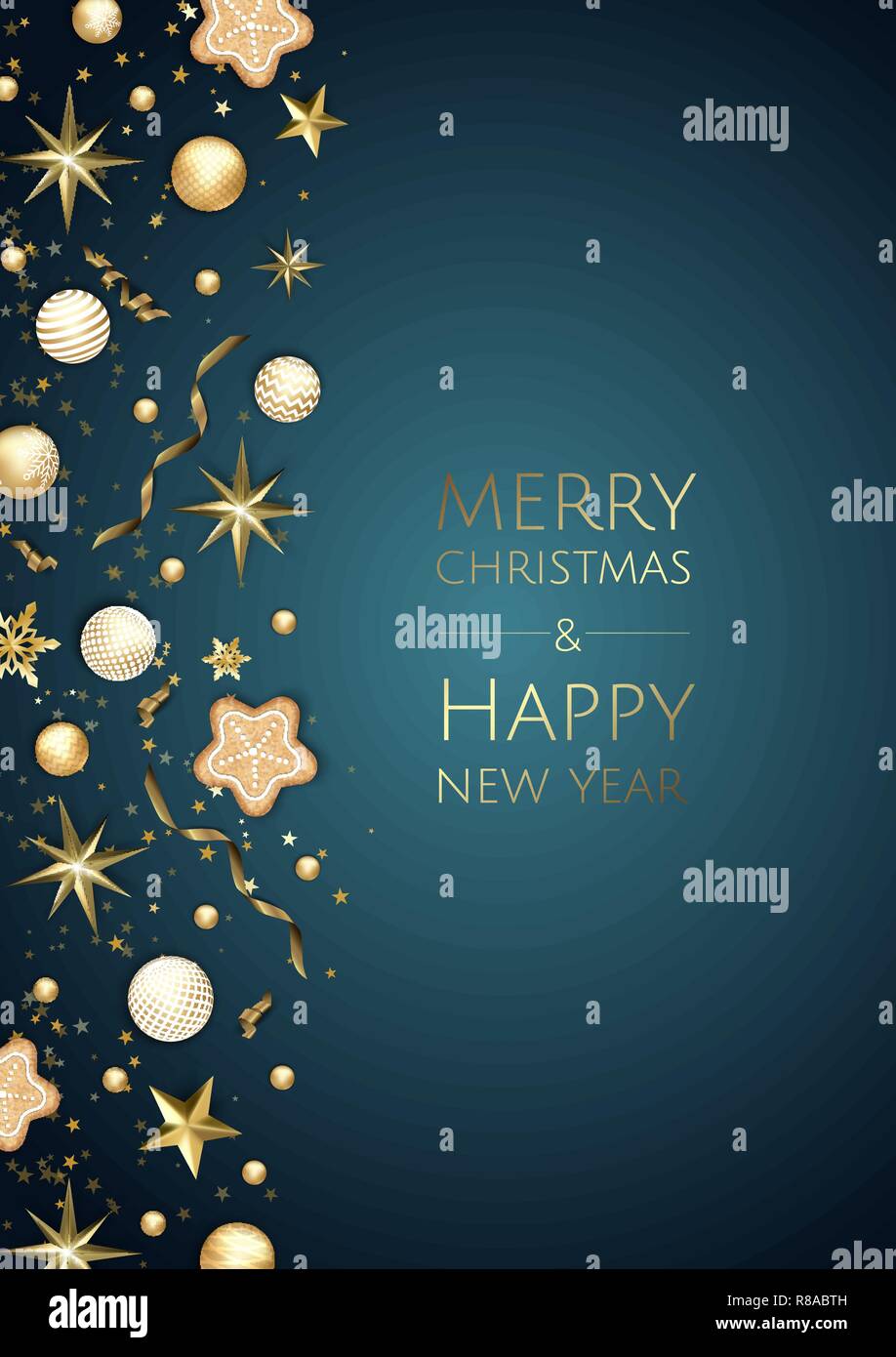 Natale sfondo luminoso con golden decorazioni di Natale. Merry Christmas greeting card. Illustrazione Vettoriale