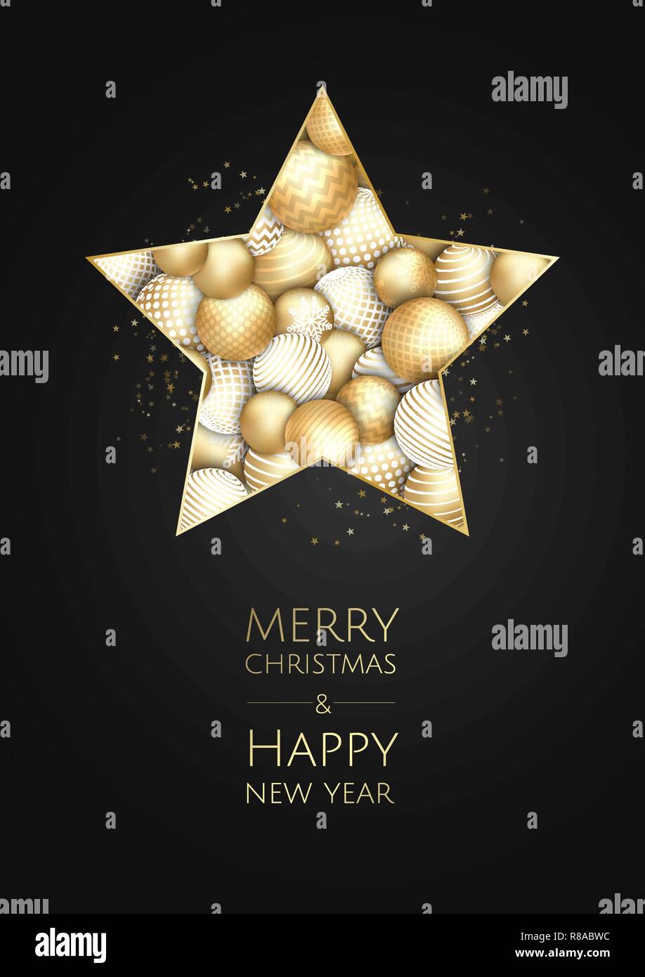 Natale sfondo luminoso con golden decorazioni di Natale. Merry Christmas greeting card. Illustrazione Vettoriale