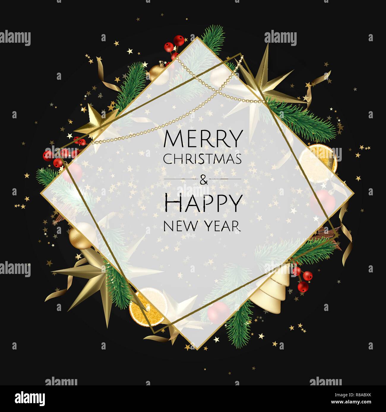 Buon Natale e Felice Anno Nuovo. Xmas sfondo con scatola regalo, fiocchi di neve e le sfere di design. Illustrazione Vettoriale