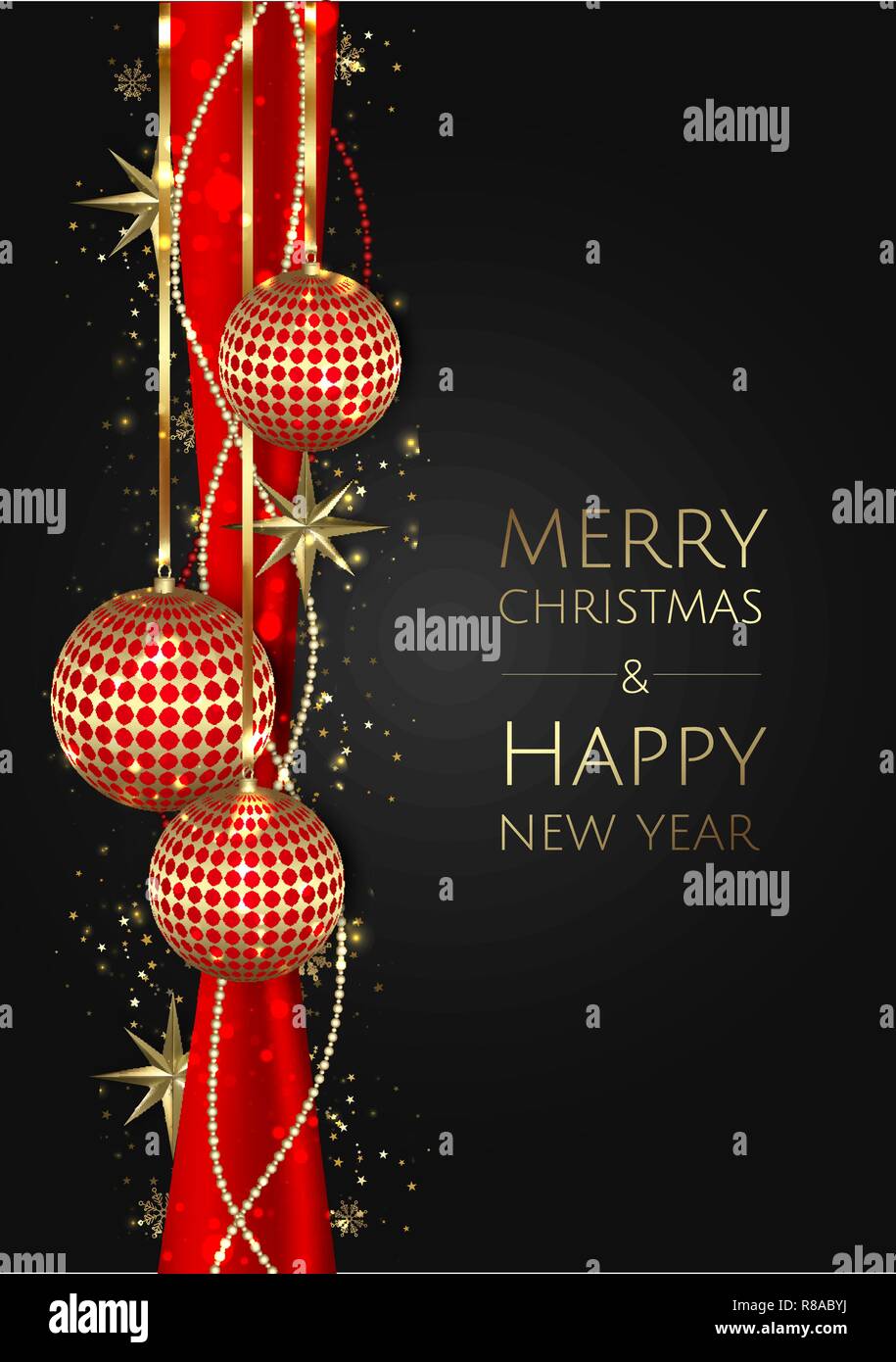 Buon Natale e Felice Anno Nuovo. Xmas sfondo con scatola regalo, fiocchi di neve e le sfere di design. Illustrazione Vettoriale