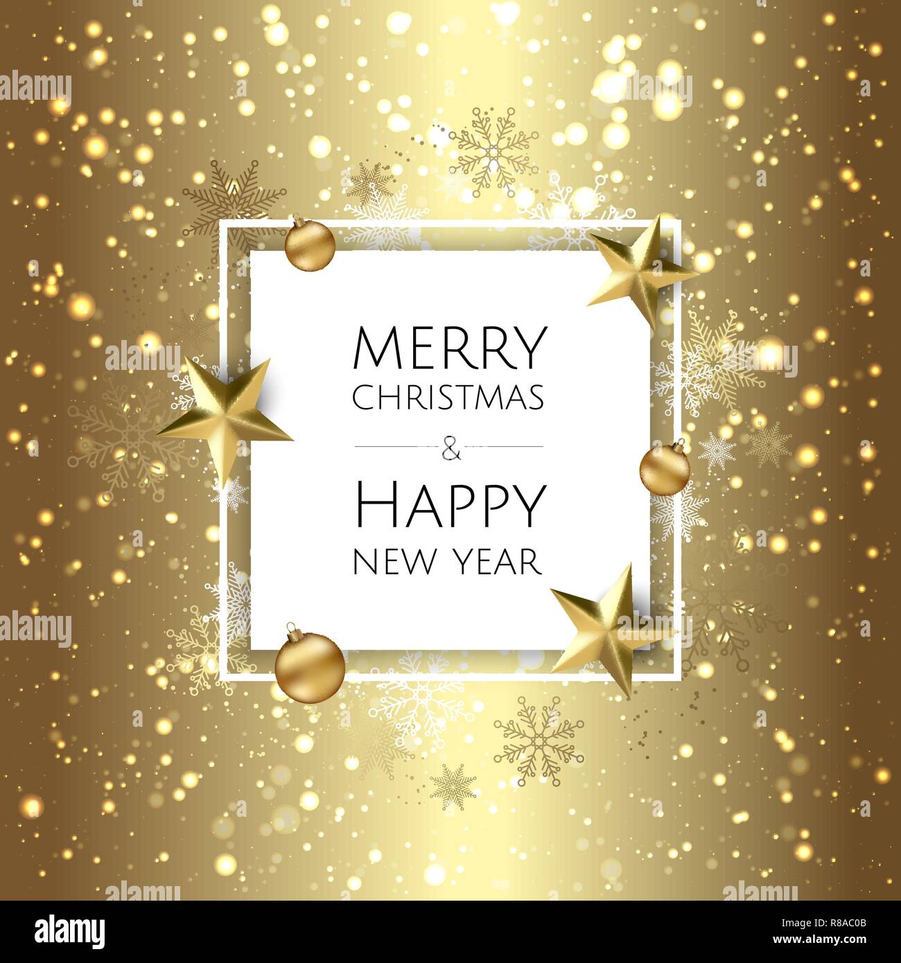 Natale sfondo luminoso con golden decorazioni di Natale. Merry Christmas greeting card. Illustrazione Vettoriale