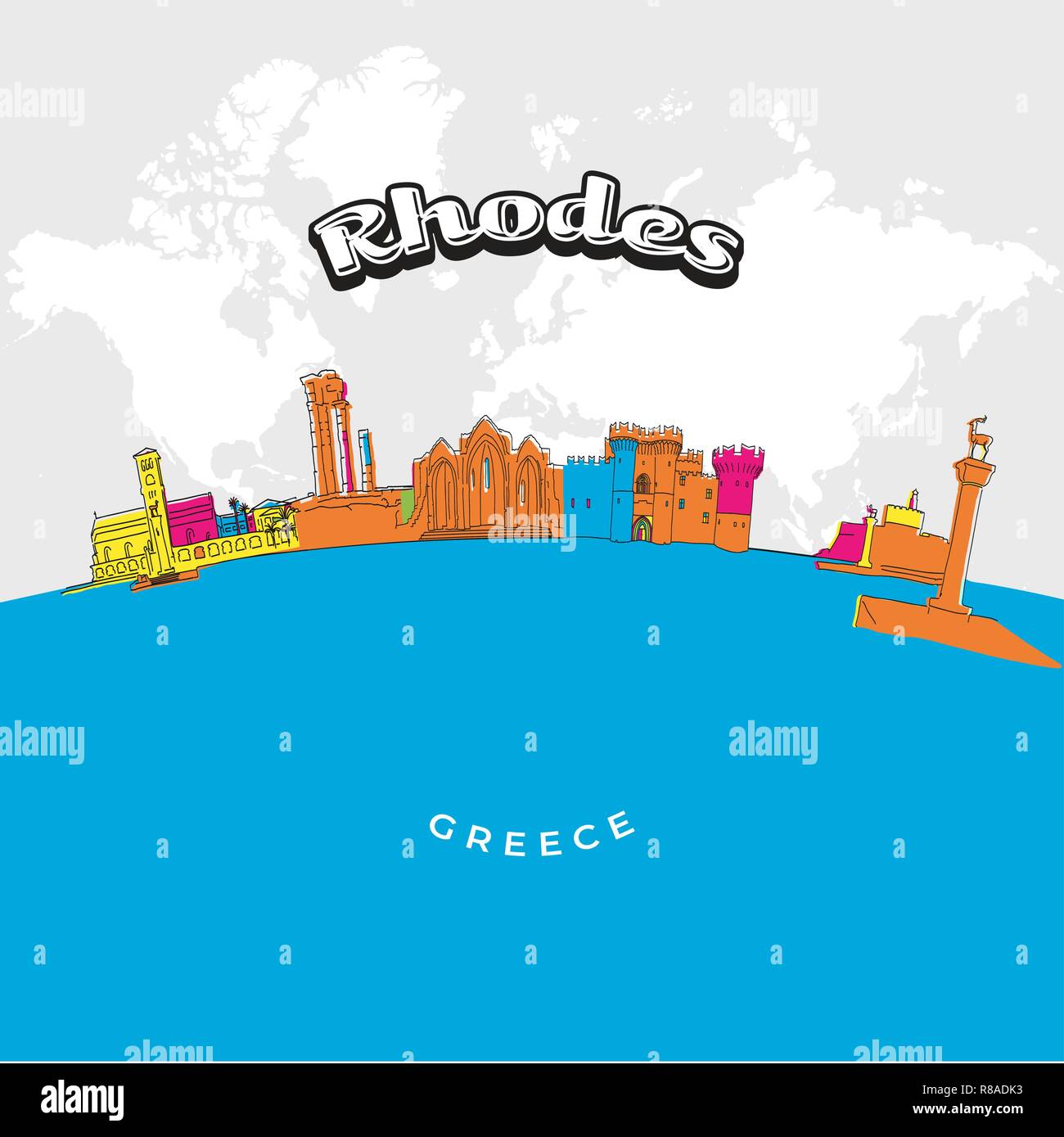 Rodi Grecia variopinto panorama. Disegnate a mano illustrazione vettoriale. Famose destinazioni di viaggio serie. Illustrazione Vettoriale