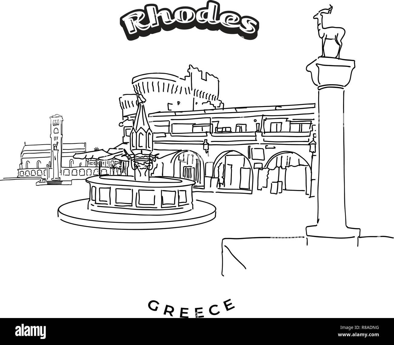 Rodi Grecia landmarks segno di viaggio. Disegnate a mano illustrazione vettoriale. Famose destinazioni di viaggio serie. Illustrazione Vettoriale