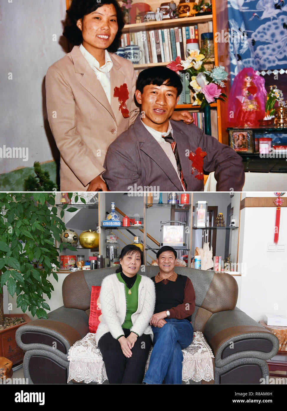 (181214) -- Pechino, 14 dicembre, 2018 (Xinhua) -- la parte superiore di questo combo foto scattata nel gennaio del 1985 mostra 27-anno-vecchio Wang Hanming e sua moglie Chen Meilan che posano per una foto durante la loro cerimonia di nozze nella contea di Xundian, a sud-ovest della Cina di Provincia di Yunnan. La loro casa di nozze, circa 30 metri quadri, era vecchio e semplice. La parte inferiore del combo foto scattata il 9 novembre 25, 2018 mostra 60-anno-vecchio Wang Hanming e sua moglie che posano per una foto nella loro nuova casa in Xundian County. Nel corso degli ultimi trent'anni, Wang famiglia spostata sei volte e infine risiede nella presente casa a tre piani Foto Stock